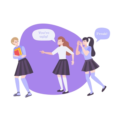 Flat icon with two girls bullying their classmate vector illustration