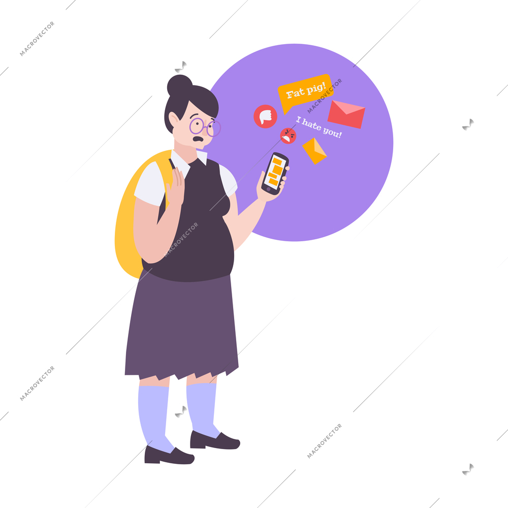 Flat icon with school girl suffering from cyber bullying vector illustration