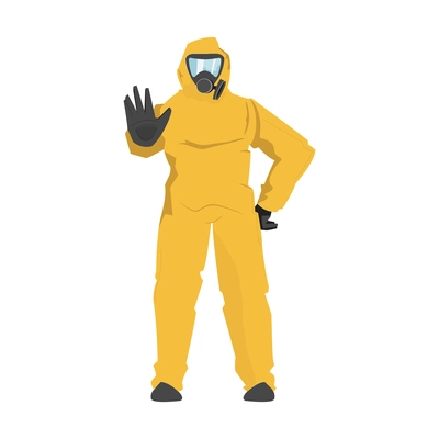 Coronavirus keep distance icon with character in protective suit showing stop gesture vector illustration