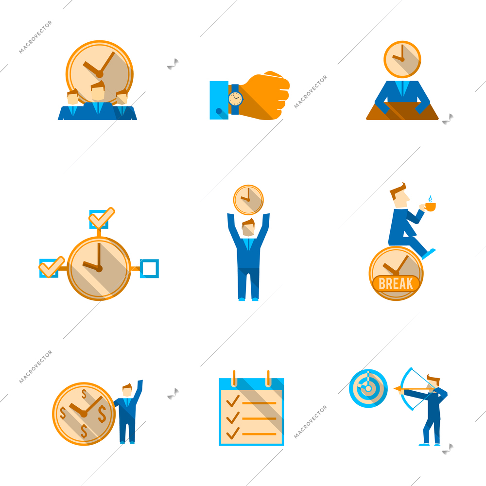 Effective goals achieving  time management to do list with watch clock  flat icons set isolated vector illustration