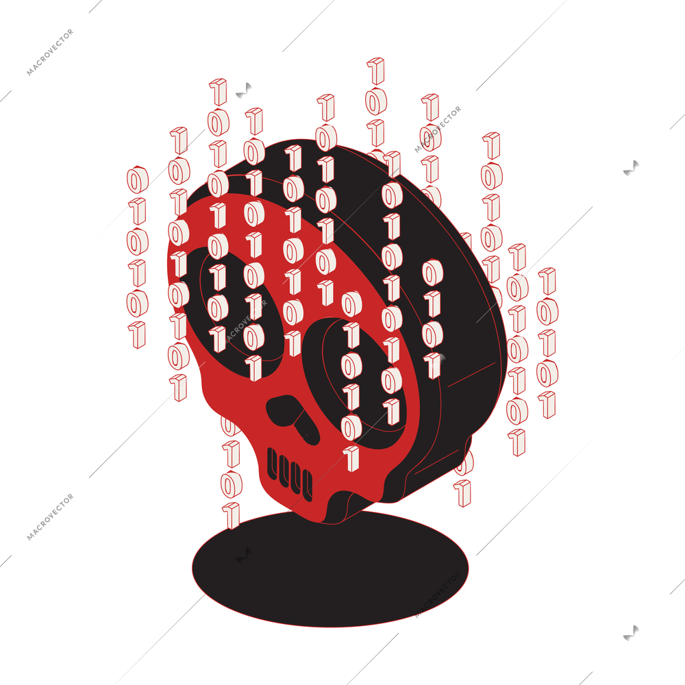 Cyber attack icon with binary code and red and black skull vector illustration