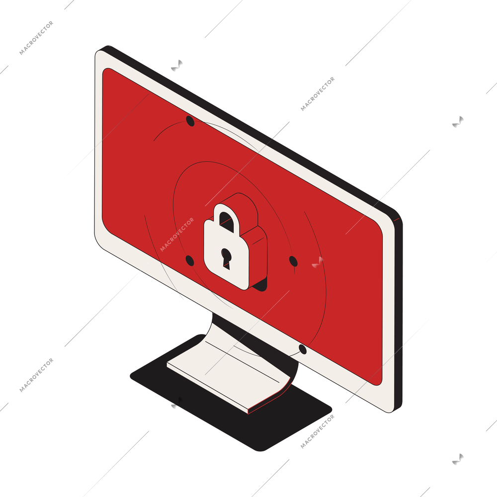 Cyber security isometric icon with lock on computer monitor 3d vector illustration