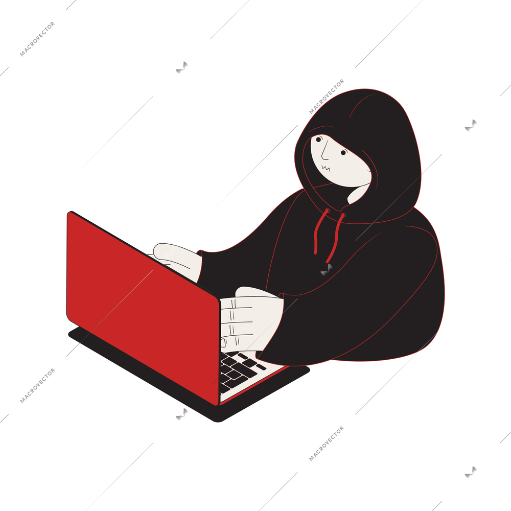 Cyber attack isometric icon with hacker and laptop 3d vector illustration