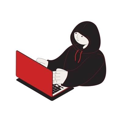 Cyber attack isometric icon with hacker and laptop 3d vector illustration