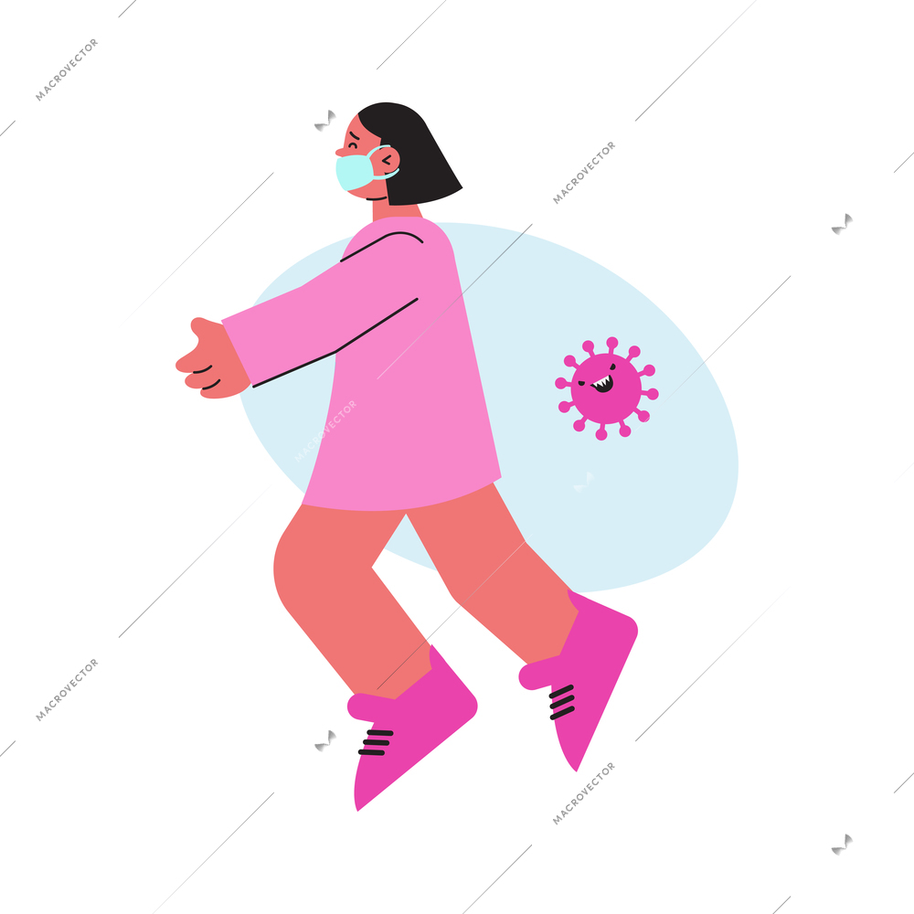 Flat color icon with human character in medical protective mask and evil coronavirus bacterium vector illustration