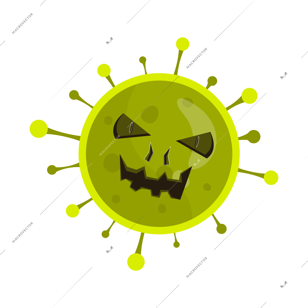 Angry green coronavirus bacterium on white background flat vector illustration