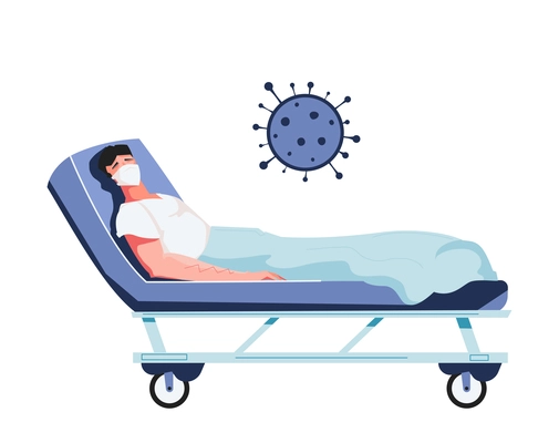 Patient with coronavirus lying on hospital bed flat vector illustration