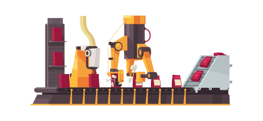 Cartoon icon with automated robotic arms packing goods on moving conveyor vector illustration