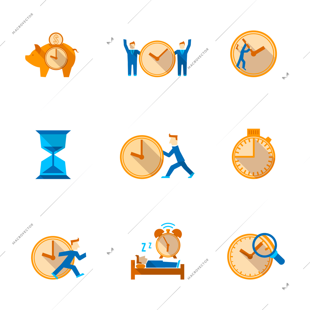 Efficient and cost effective team time management strategy flat icons set with shadow abstract isolated vector illustration