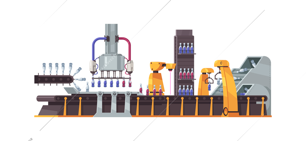 Automated manufacture process icon with robotic assembly line cartoon vector illustration