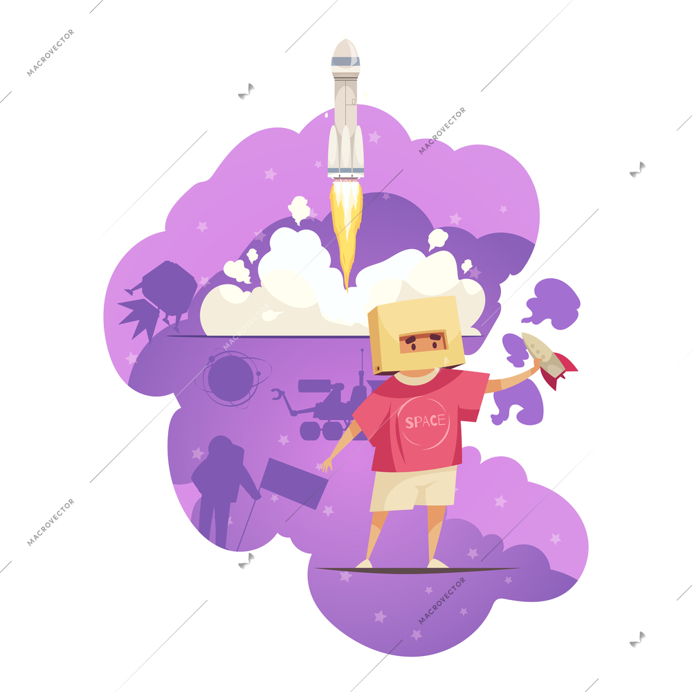 Cartoon composition with child dreaming of becoming astronaut vector illustration