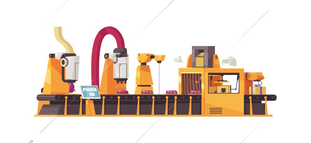 Factory assembly line with automatic remotely controlled arms packing boxes cartoon vector illustration