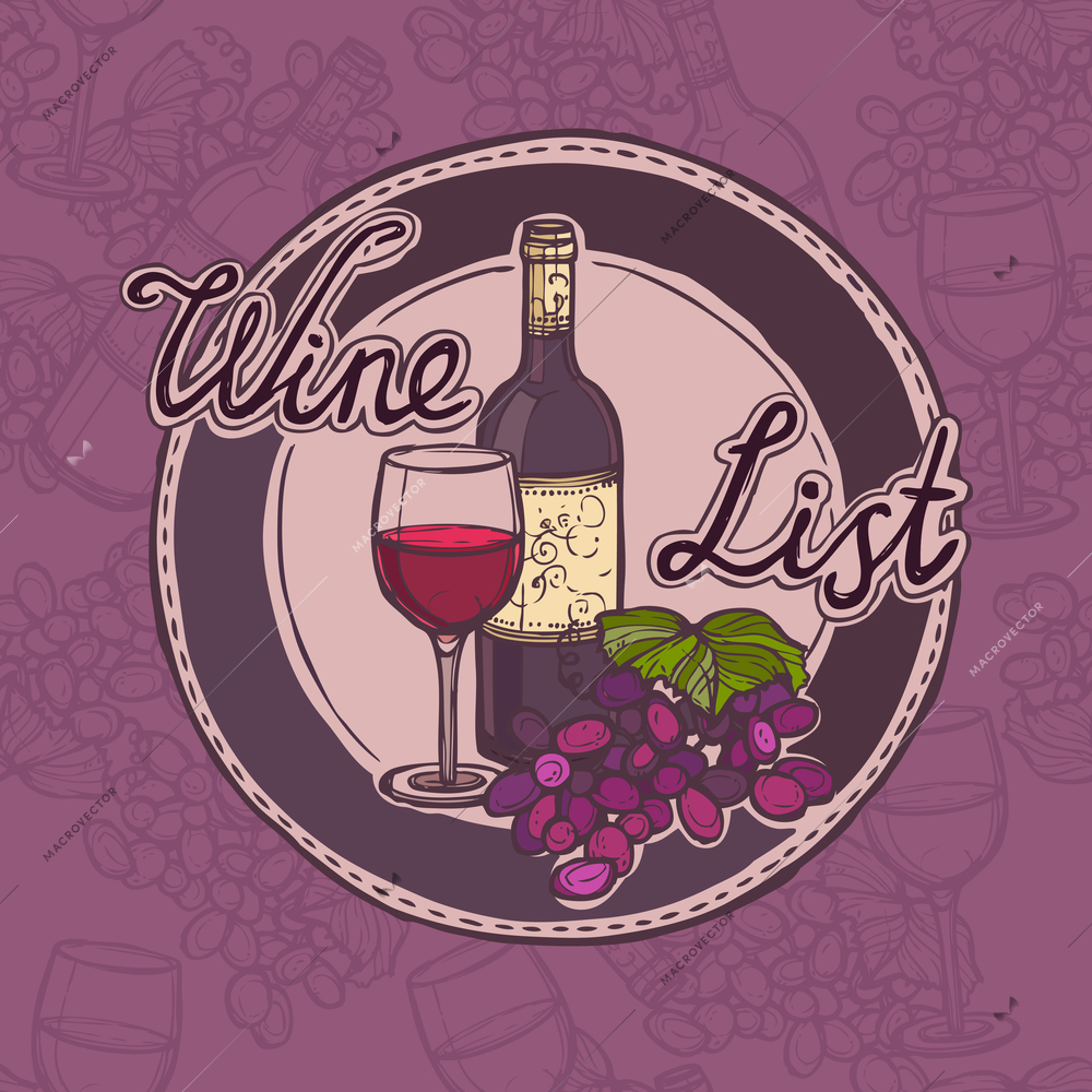 Restaurant wine list sketch menu template with bottle glass and grape branch vector illustration.