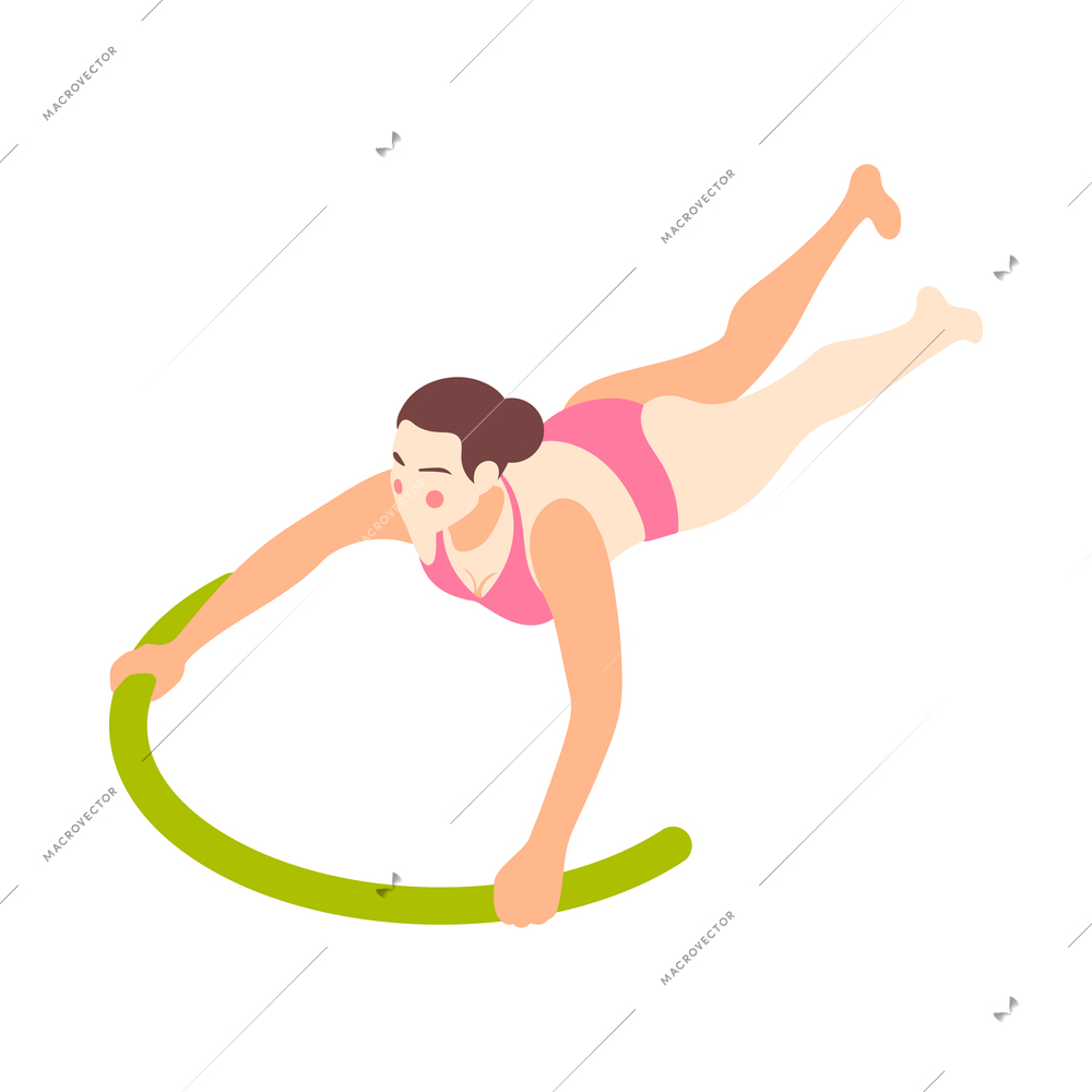 Woman swimming with green aqua noodle isometric icon on white background vector illustration