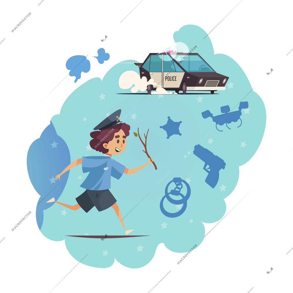 Child dreaming of becoming police office cartoon composition with though bubble vector illustration