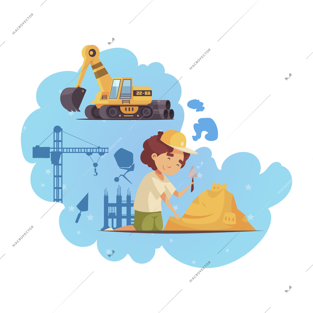 Child character making sandcastle and dreaming of his future profession cartoon composition vector illustration