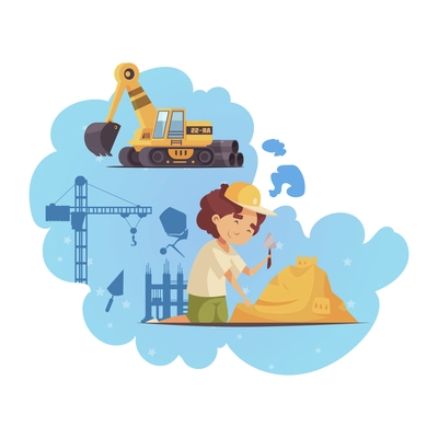 Child character making sandcastle and dreaming of his future profession cartoon composition vector illustration