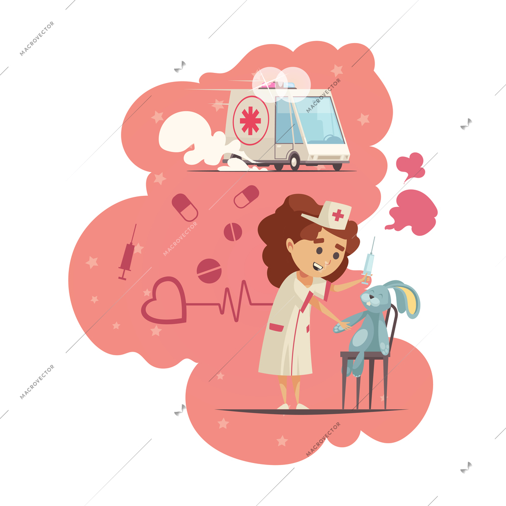 Cartoon composition with girl playing and dreaming of becoming doctor vector illustration