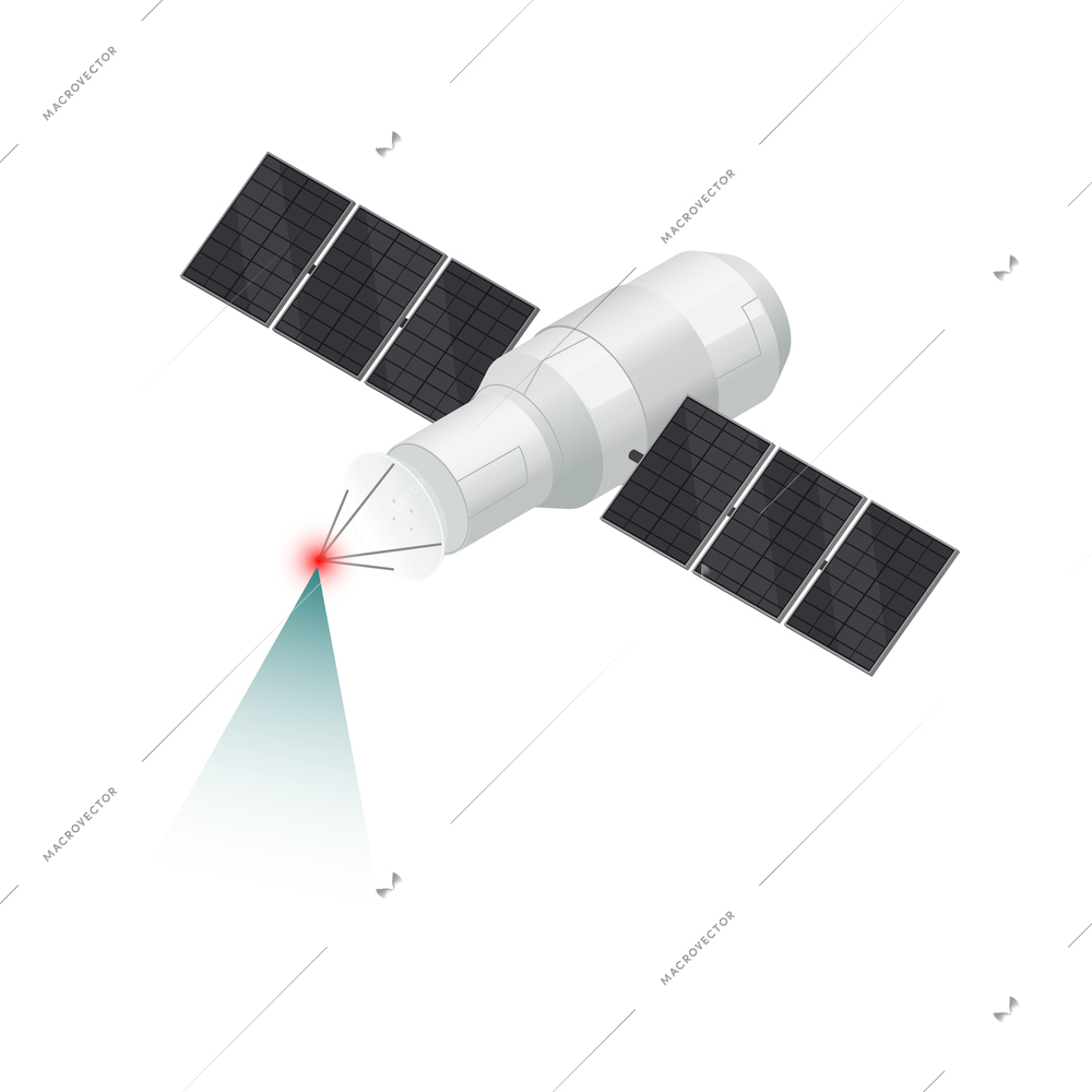 Isometric space satellite with dish antenna and solar panels vector illustration