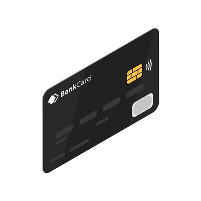 Isometric black credit chip card on white background 3d vector illustration