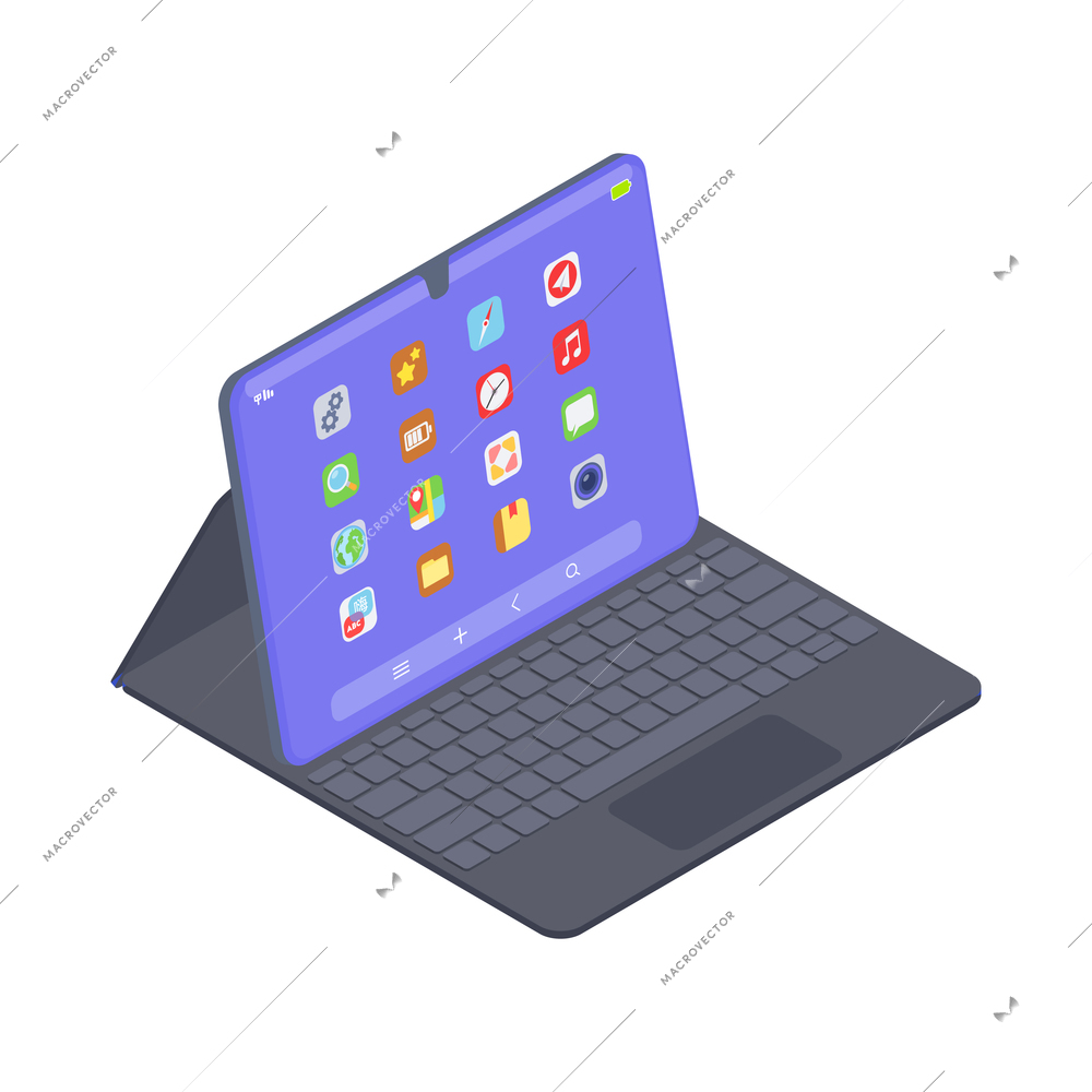 Tablet with wireless keyboard on white background 3d isometric vector illustration