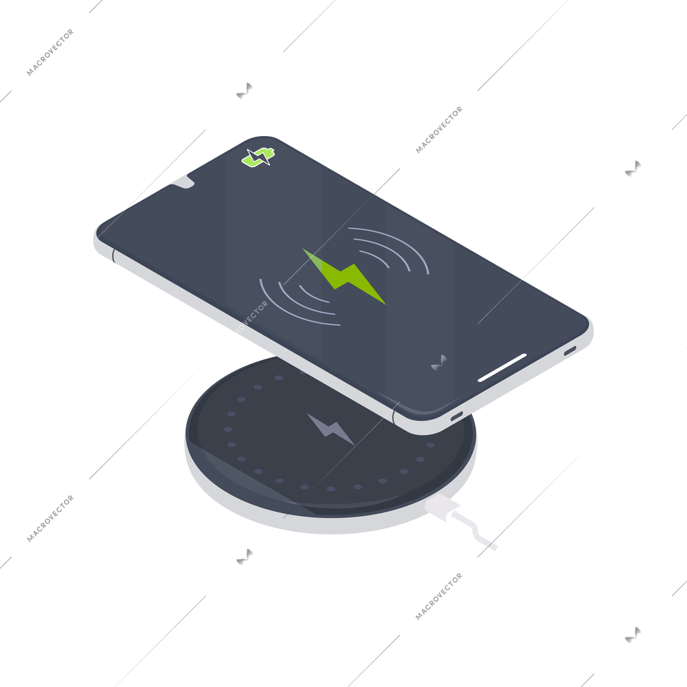 Smartphone charging on wireless charger pad 3d isometric vector illustration