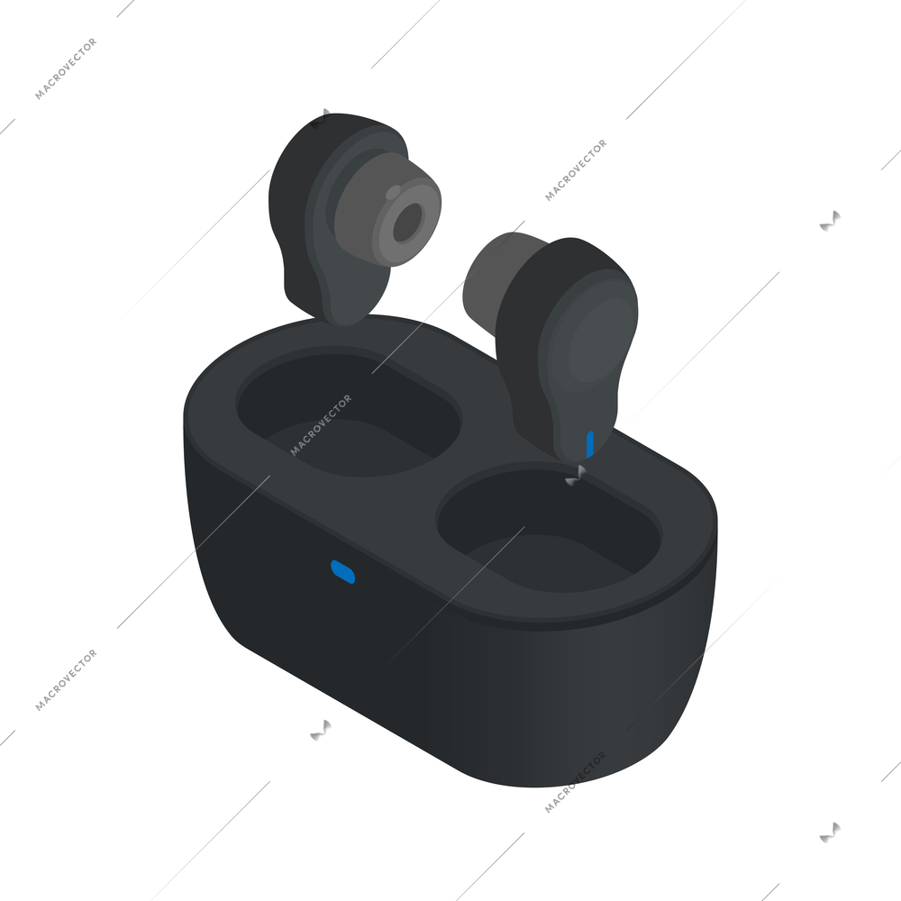 Isometric icon with wireless black earbud headphones in case 3d vector illustration