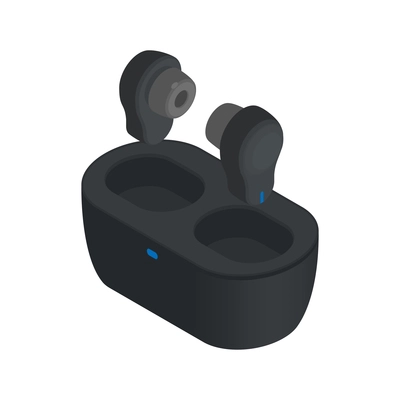 Isometric icon with wireless black earbud headphones in case 3d vector illustration