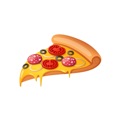 Hot pizza slice with melted cheese sausage tomato olives on white background cartoon vector illustration