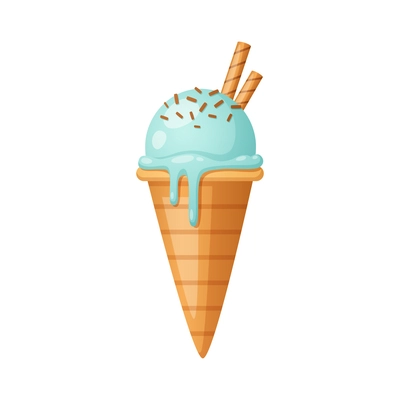 Ice cream cone with topping and wafer sticks on white background cartoon vector illustration