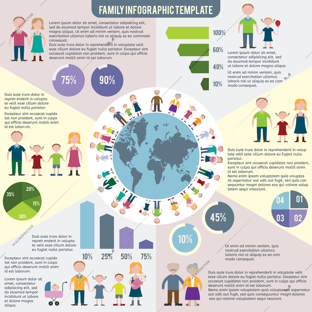 Family figures flat infographics template with charts vector illustration