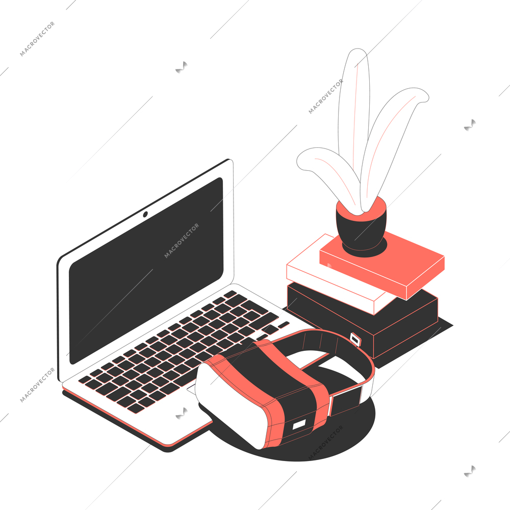 Virtual reality glasses on desk with laptop books and potted flower isometric composition vector illustration