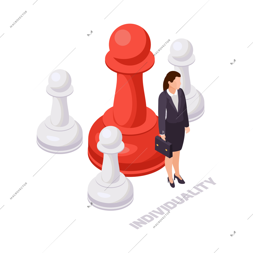 Soft skills concept isometric icon with businesswoman big red and three small white chess pieces 3d vector illustration