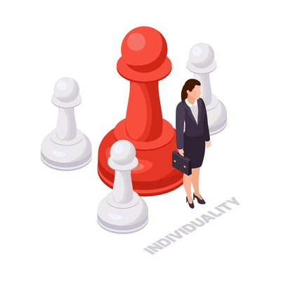 Soft skills concept isometric icon with businesswoman big red and three small white chess pieces 3d vector illustration