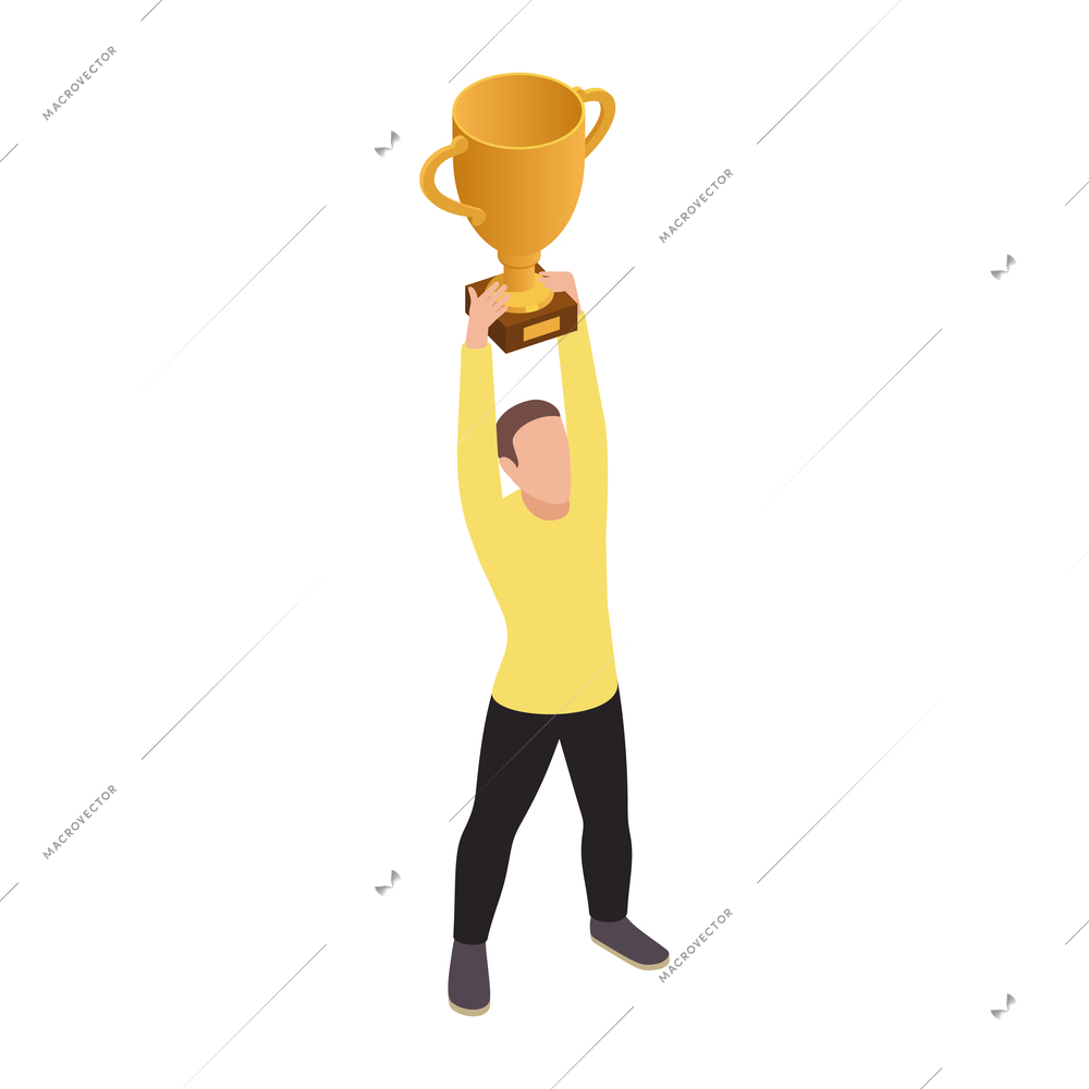 Personal growth isometric icon with man holding trophy above his head 3d vector illustration