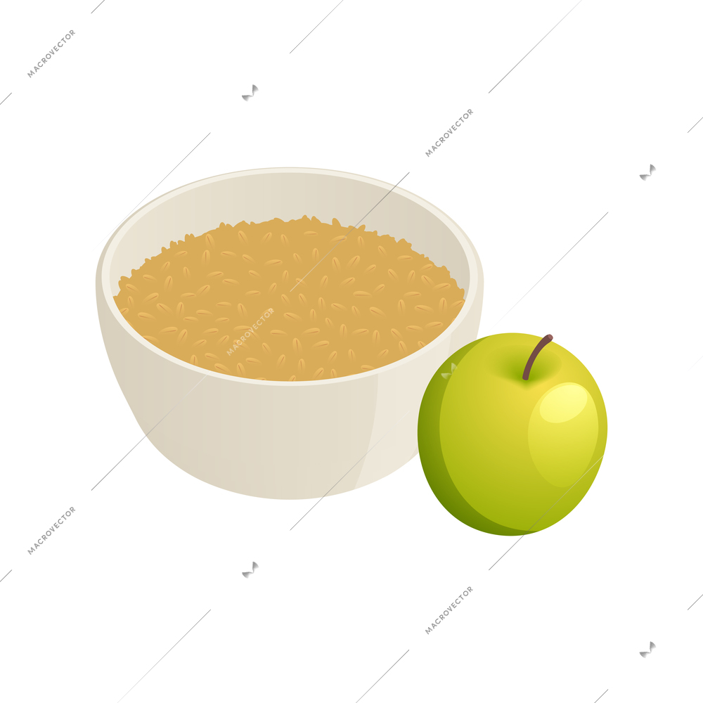 Healthy breakfast isometric icon with bowl of oatmeal and green apple vector illustration