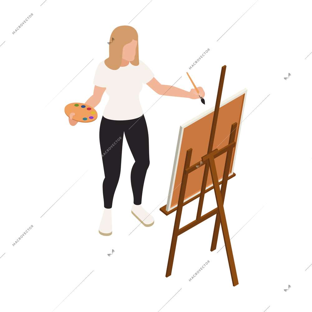 Isometric icon with woman painting on canvas 3d vector illustration