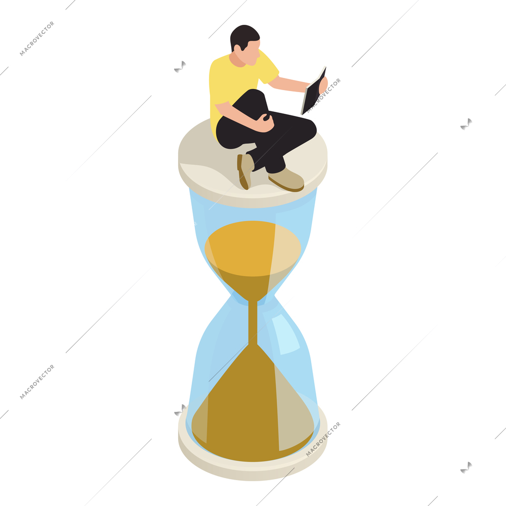 Time management isometric icon with reading character sitting on top of houseglass 3d vector illustration
