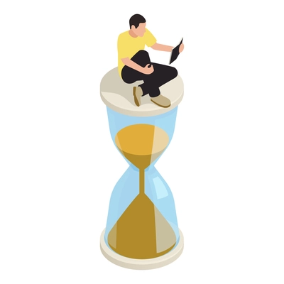Time management isometric icon with reading character sitting on top of houseglass 3d vector illustration