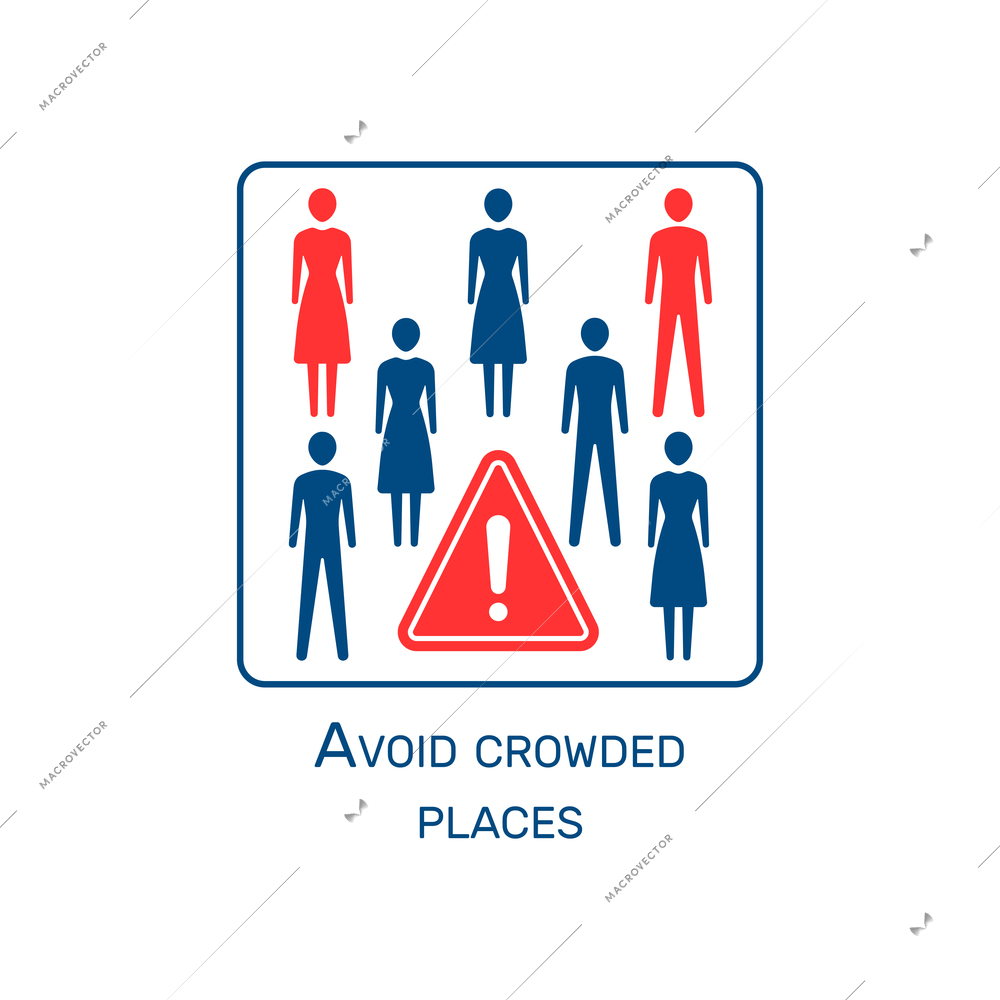Coronavirus instruction icon with avoid crowded places warning flat vector illustration