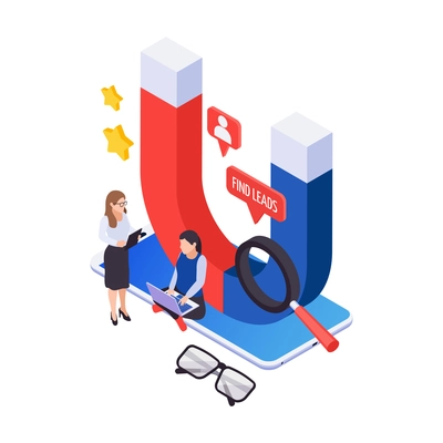 Effective marketing and attracting followers concept with isometric magnet and people 3d vector illustration