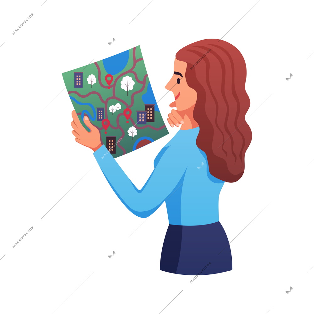 Tourism flat icon with woman looking at paper map with red pointers vector illustration