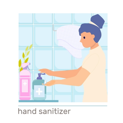 Hand hygiene composition with woman using sanitizer in bathroom flat vector illustration