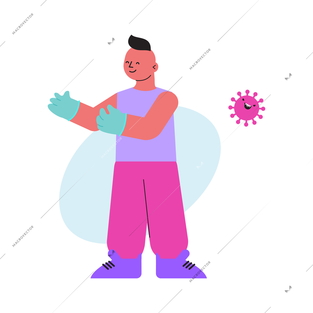 Coronavirus flat icon with human character wearing medical gloves vector illustration