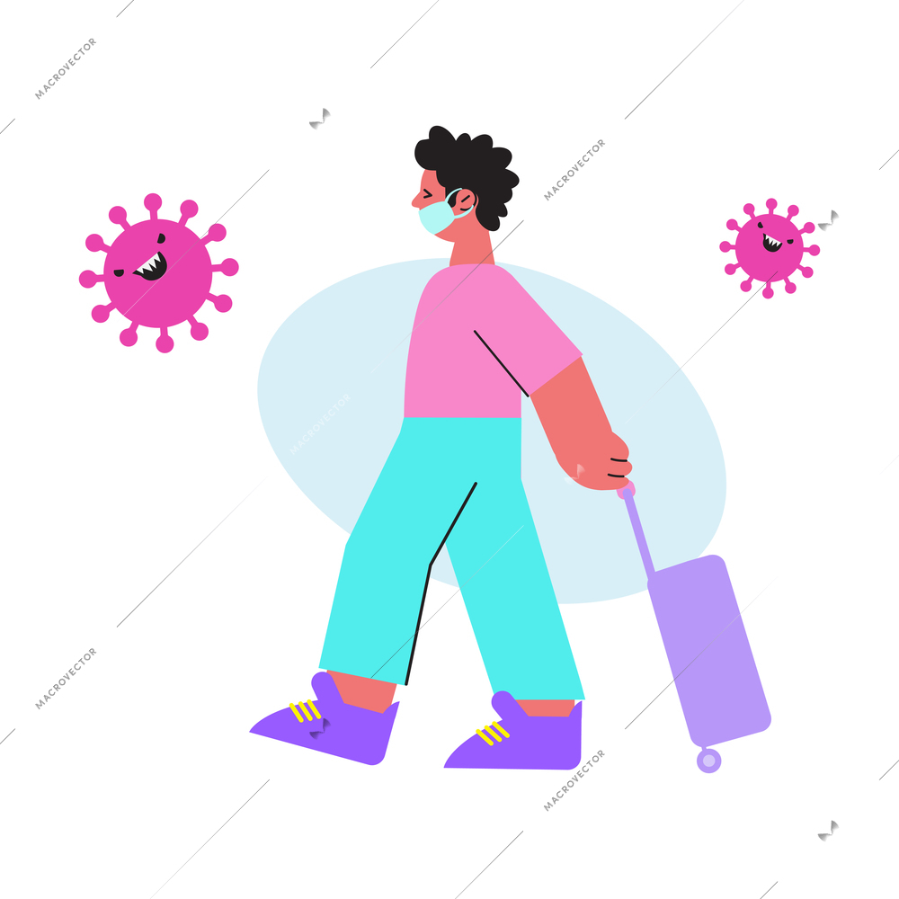 Character with medical mask and suitcase travelling during pandemic of coronavirus flat vector illustration