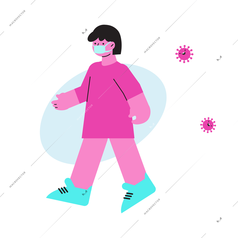 Flat icon of character wearing medical mask during coronavirus pandemic vector illustration