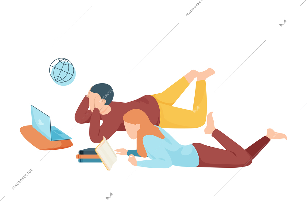 Flat icon with two students lying on floor with laptop and books vector illustration