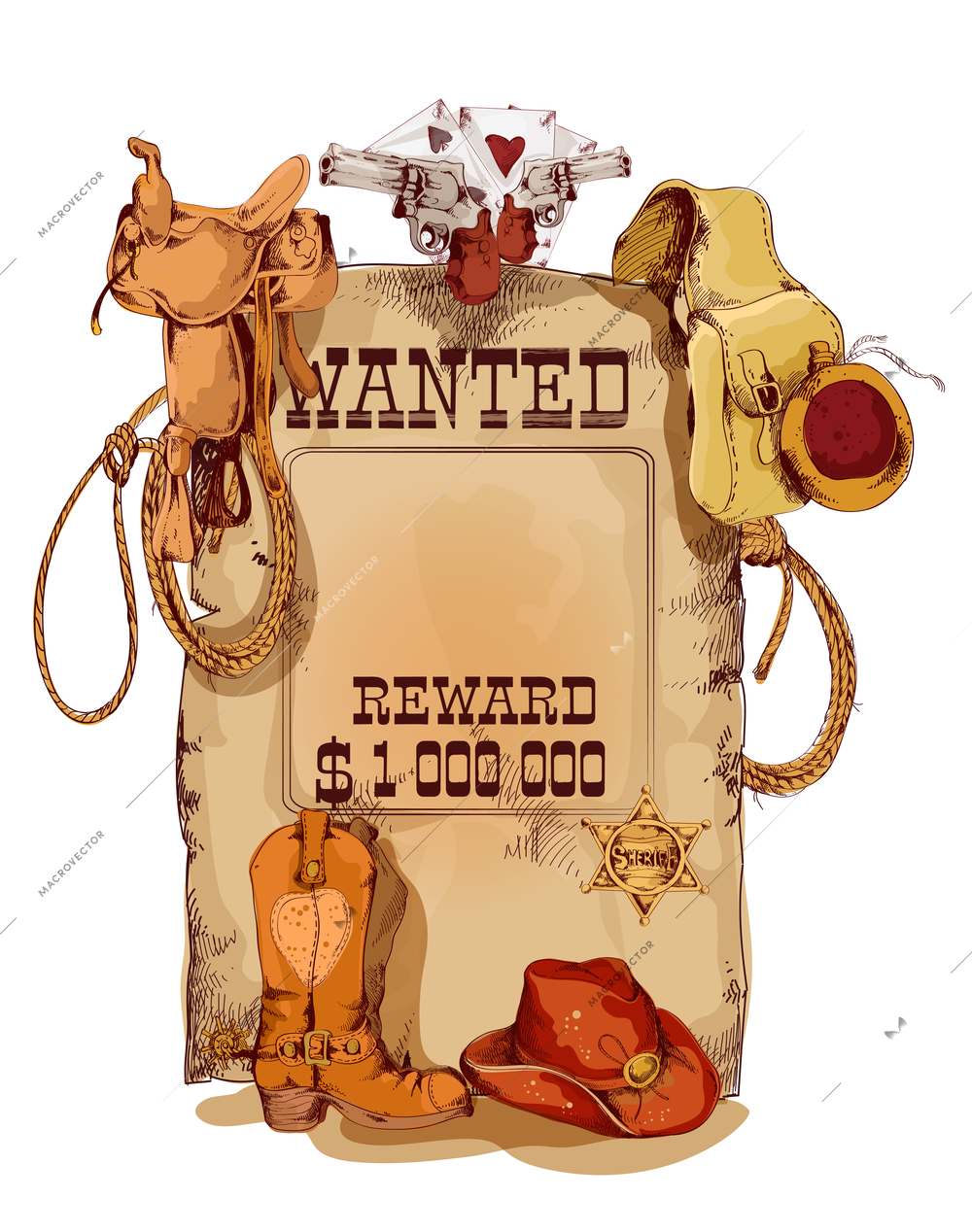 Old fashion wild west wanted reward vintage poster with horse saddle revolver cowboy backpack sketch abstract vector illustration