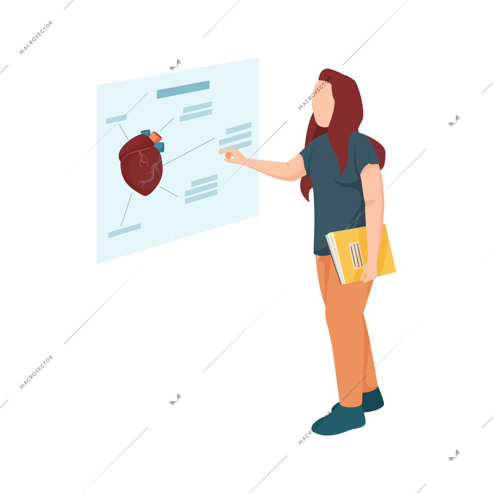 Medicine department student with book in hand looking at poster with heart structure flat vector illustration