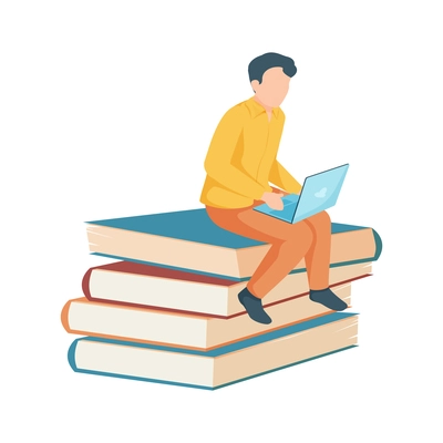 Boy student sitting on stack of books with laptop flat icon vector illustration